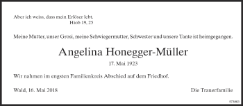 Traueranzeige von Angelina Honegger-Müller von ZO Gesamt