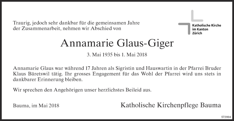  Traueranzeige für Annamarie Glaus-Giger vom 08.05.2018 aus ZO Gesamt