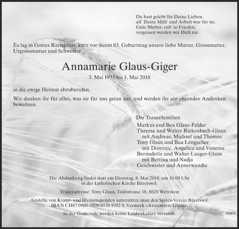  Traueranzeige für Annamarie Glaus-Giger vom 04.05.2018 aus ZO Gesamt