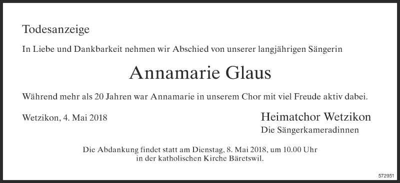  Traueranzeige für Annamarie Glaus-Giger vom 05.05.2018 aus ZO Gesamt