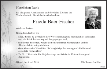 Traueranzeige von Frieda Baer-Fischer von ZO Gesamt
