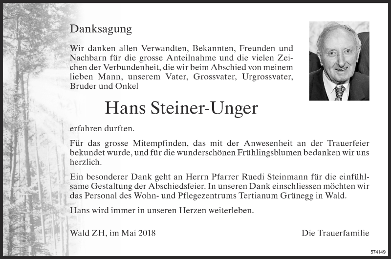  Traueranzeige für Hans Steiner-Unger vom 26.05.2018 aus ZO Gesamt