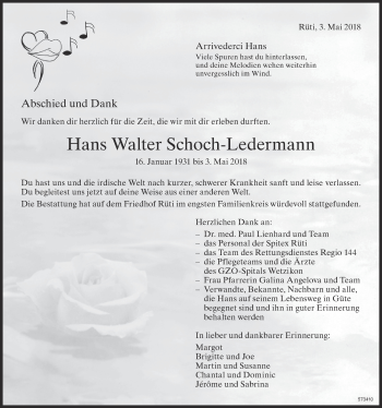 Traueranzeige von Hans Walter Schoch-Ledermann von ZO Gesamt