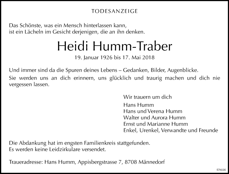  Traueranzeige für Heidi Humm-Traber vom 25.05.2018 aus ZO Gesamt