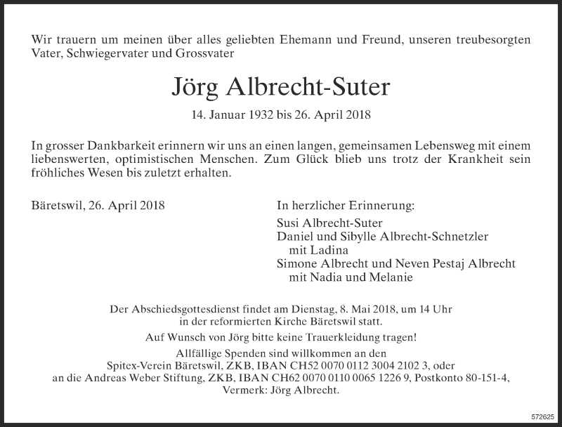  Traueranzeige für Jörg Albrecht-Suter vom 02.05.2018 aus ZO Gesamt