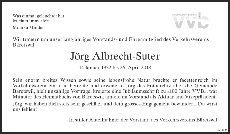  Traueranzeige für Jörg Albrecht-Suter vom 04.05.2018 aus ZO Gesamt