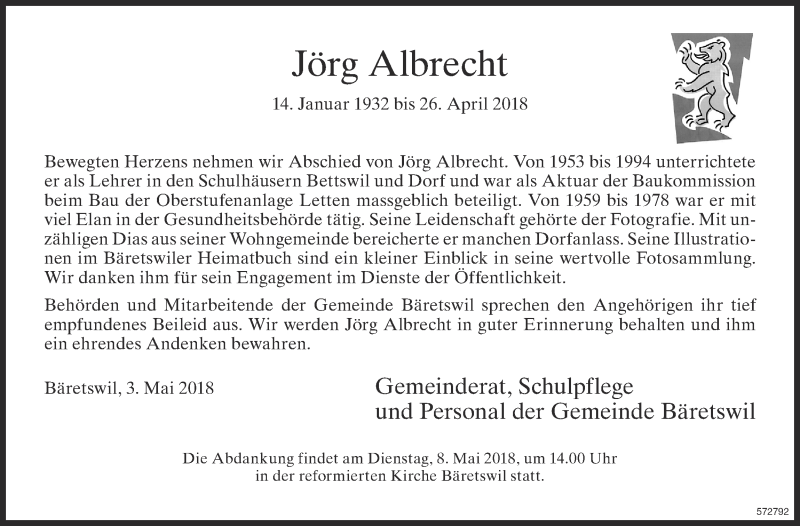  Traueranzeige für Jörg Albrecht vom 03.05.2018 aus ZO Gesamt