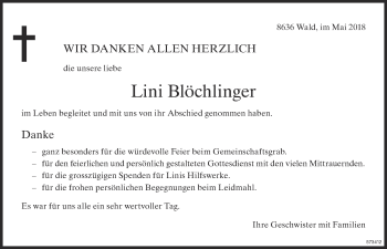 Traueranzeige von Lini Blöchlinger von ZO Gesamt