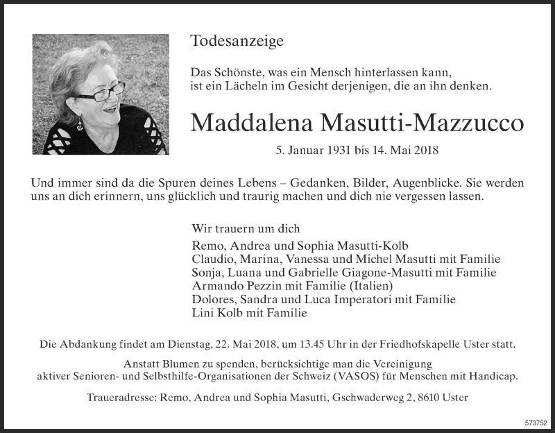 Traueranzeige für Maddalena Masutti-Mazzucco vom 18.05.2018 aus ZO Gesamt