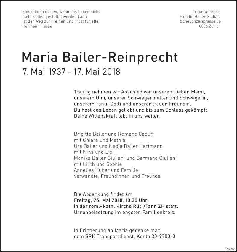  Traueranzeige für Maria Bailer-Reinprecht vom 23.05.2018 aus ZO Gesamt