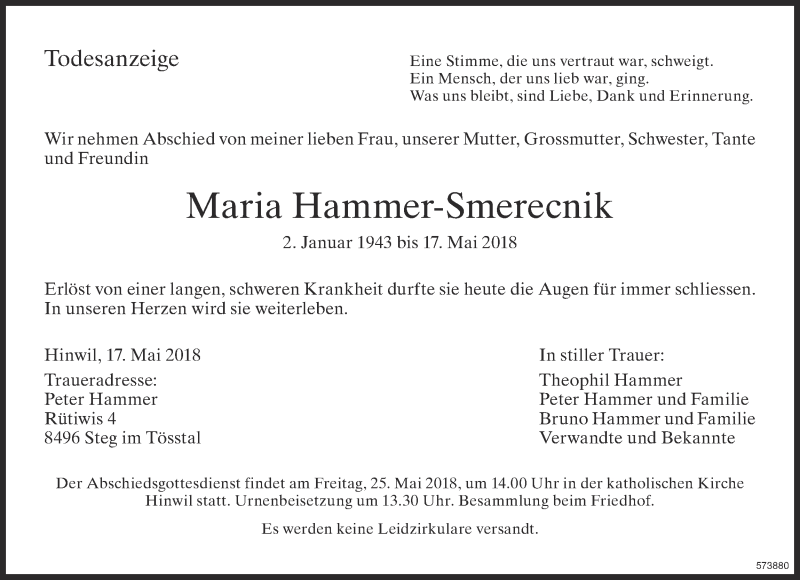  Traueranzeige für Maria Hammer-Smerecnik vom 23.05.2018 aus ZO Gesamt