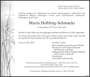 Traueranzeige von Maria Helbling-Schmucki von ZO Gesamt