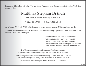 Traueranzeige von Matthias Stephan Brändli von ZO Gesamt