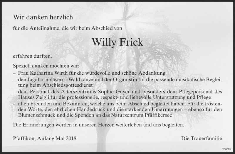  Traueranzeige für Willy Frick vom 07.05.2018 aus ZO Gesamt
