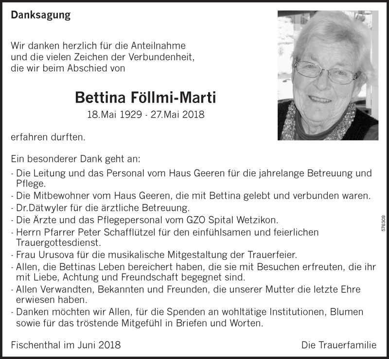  Traueranzeige für Bettina Föllmi-Marti vom 27.06.2018 aus ZO Gesamt