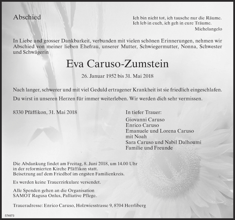  Traueranzeige für Eva Caruso-Zumstein vom 07.06.2018 aus ZO Gesamt