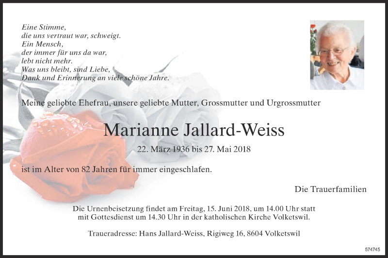  Traueranzeige für Marianne Jallard-Weiss vom 08.06.2018 aus Glattaler