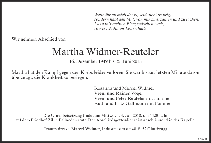  Traueranzeige für Martha Widmer-Reuteler vom 29.06.2018 aus Glattaler