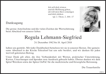 Traueranzeige von Regula Lehmann-Siegfried von ZO Gesamt