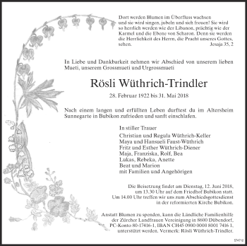 Traueranzeige von Rösli Wüthrich-Trindler von ZO Gesamt