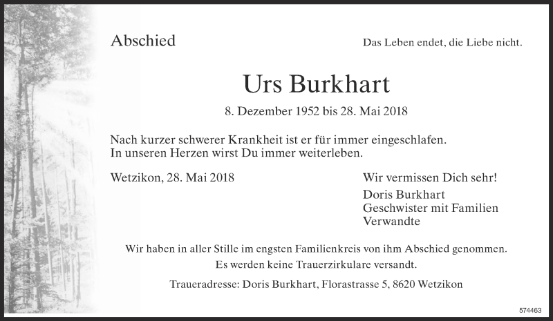  Traueranzeige für Urs Burkhart vom 06.06.2018 aus ZO Gesamt