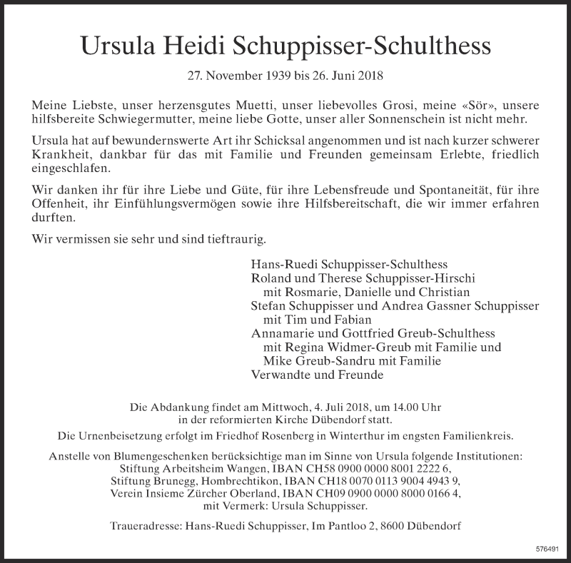  Traueranzeige für Ursula Heidi Schuppisser-Schulthess vom 29.06.2018 aus Glattaler
