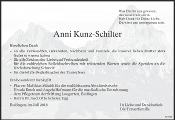Traueranzeige von Anni Kunz-Schilter von ZO Gesamt