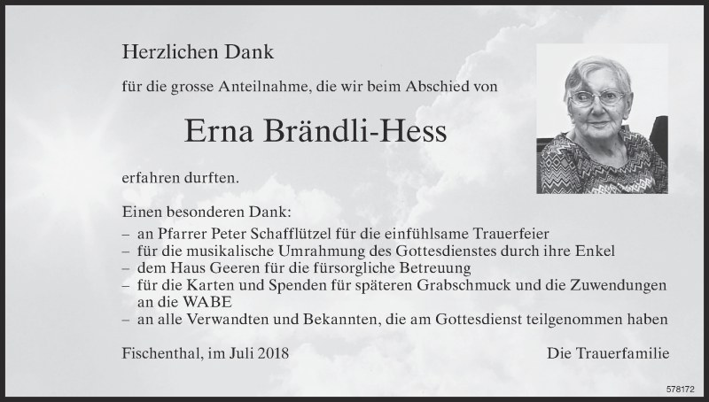  Traueranzeige für Erna Brändli-Hess vom 27.07.2018 aus ZO Gesamt
