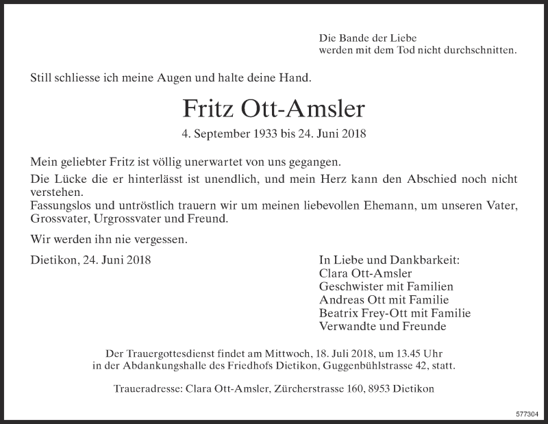  Traueranzeige für Fritz Ott-Amsler vom 12.07.2018 aus ZO Gesamt