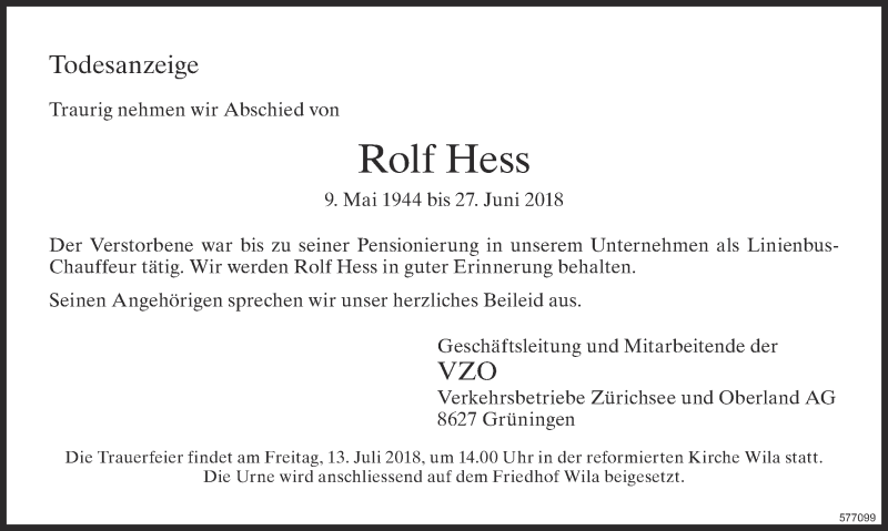  Traueranzeige für Rolf Hess vom 07.07.2018 aus ZO Gesamt