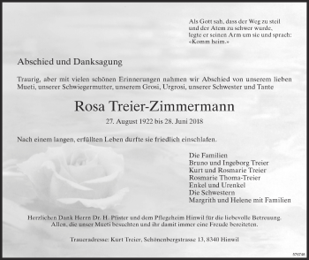 Traueranzeige von Rosa Treier-Zimmermann von ZO Gesamt