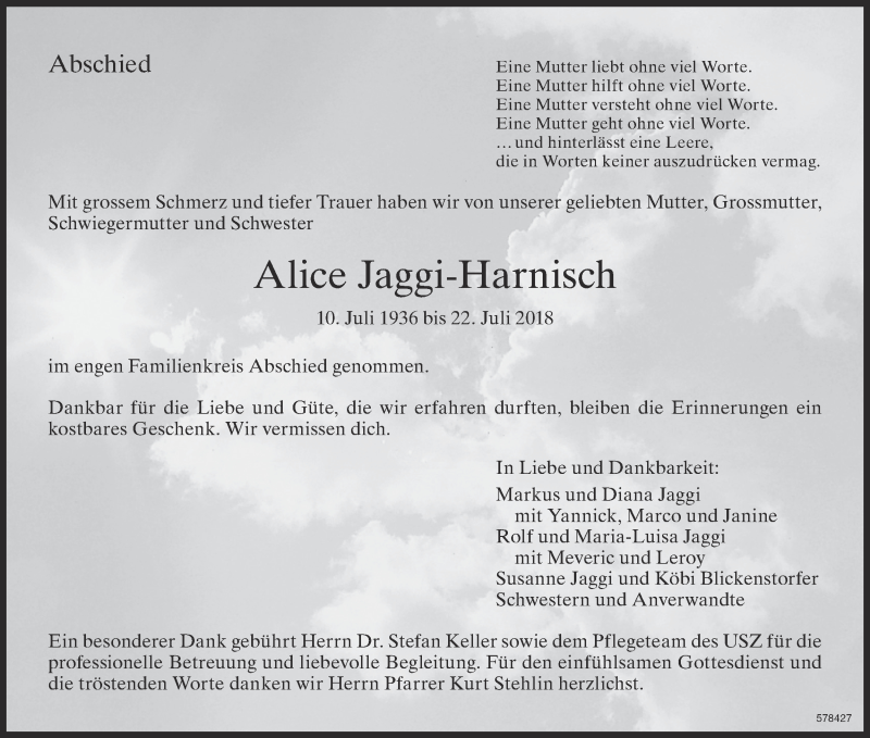  Traueranzeige für Alice Jaggi-Harnisch vom 08.08.2018 aus ZO Gesamt