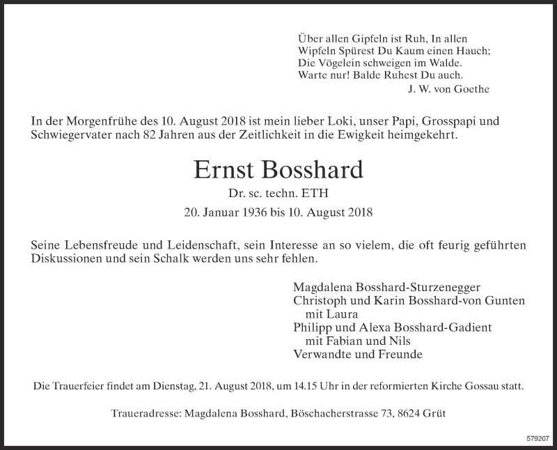  Traueranzeige für Ernst Bosshard vom 17.08.2018 aus ZO Gesamt