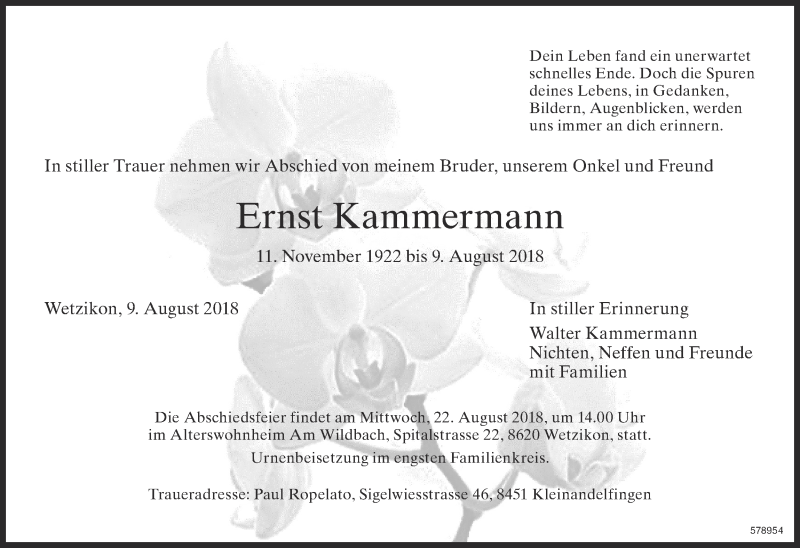  Traueranzeige für Ernst Kammermann vom 11.08.2018 aus ZO Gesamt