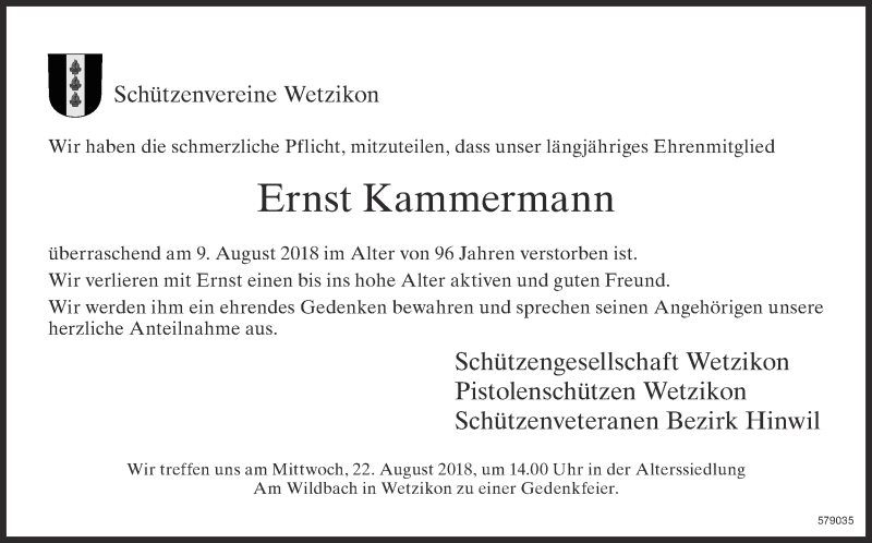  Traueranzeige für Ernst Kammermann vom 15.08.2018 aus ZO Gesamt