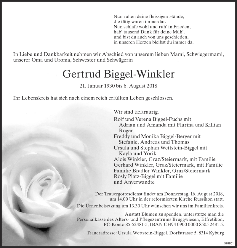  Traueranzeige für Gertrud Biggel-Winkler vom 11.08.2018 aus ZO Gesamt