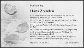 Traueranzeige von Hans Zbinden von ZO Gesamt