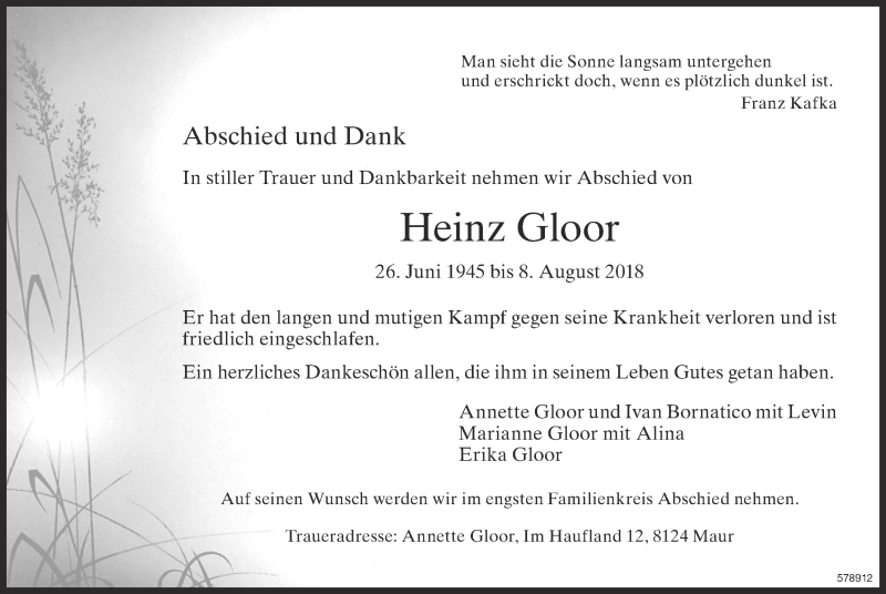  Traueranzeige für Heinz Gloor vom 15.08.2018 aus ZO Gesamt