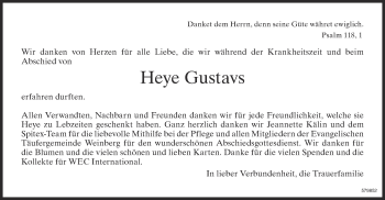 Traueranzeige von Heye Gustavs von ZO Gesamt