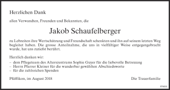 Traueranzeige von Jakob Schaufelberger von ZO Gesamt