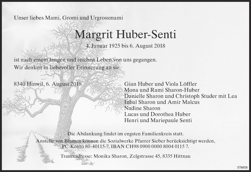  Traueranzeige für Margrit Huber-Senti vom 10.08.2018 aus ZO Gesamt