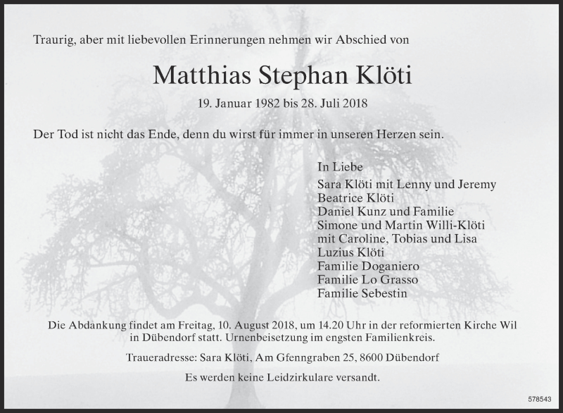  Traueranzeige für Matthias Stephan Klöti vom 08.08.2018 aus ZO Gesamt