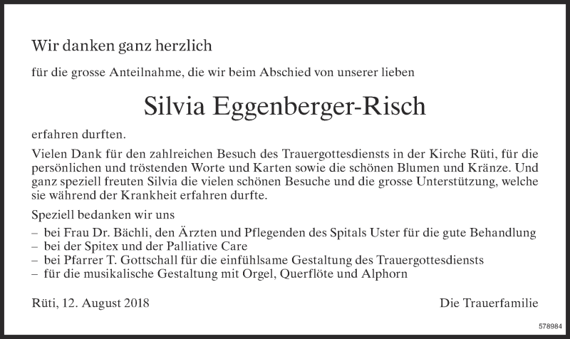  Traueranzeige für Silvia Eggenberger-Risch vom 15.08.2018 aus ZO Gesamt