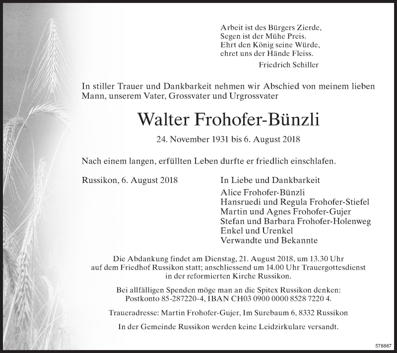  Traueranzeige für Walter Frohofer-Bünzli vom 15.08.2018 aus ZO Gesamt