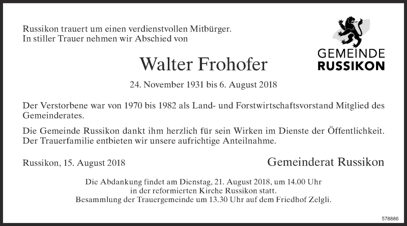  Traueranzeige für Walter Frohofer vom 15.08.2018 aus ZO Gesamt