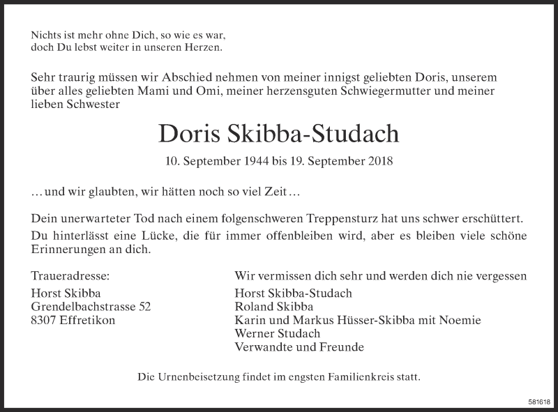  Traueranzeige für Doris Skibba-Studach vom 27.09.2018 aus reg_1