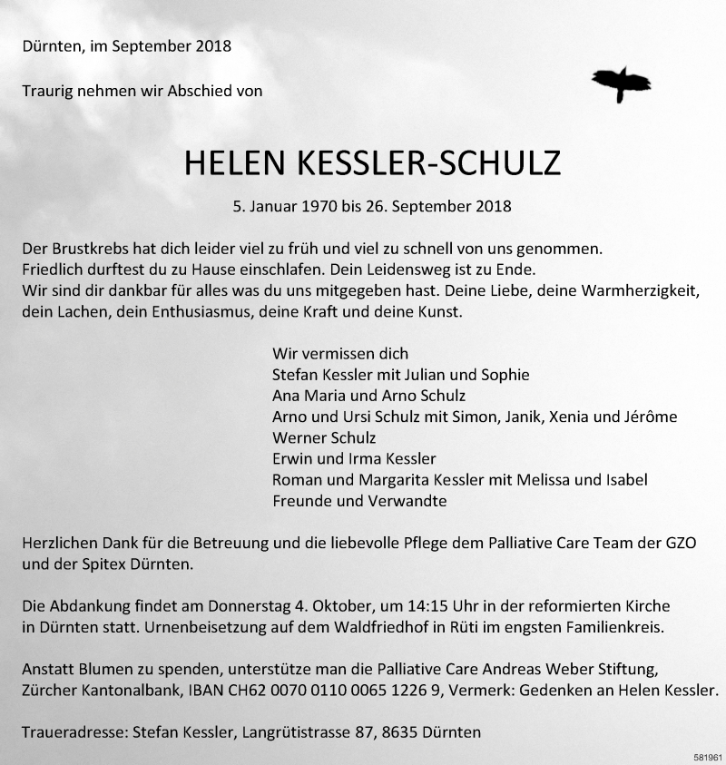  Traueranzeige für Helen Kessler-Schulz vom 01.10.2018 aus ZO Gesamt