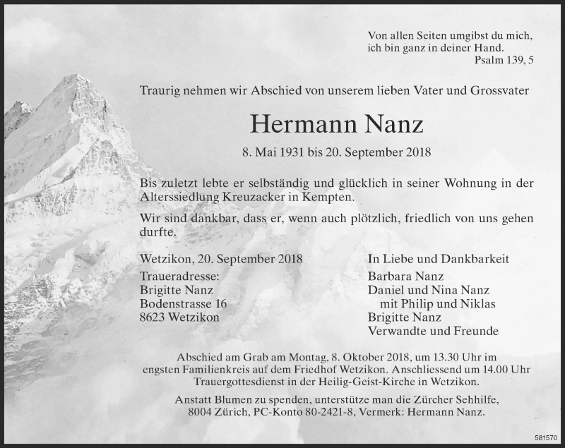  Traueranzeige für Hermann Nanz vom 26.09.2018 aus ZO Gesamt