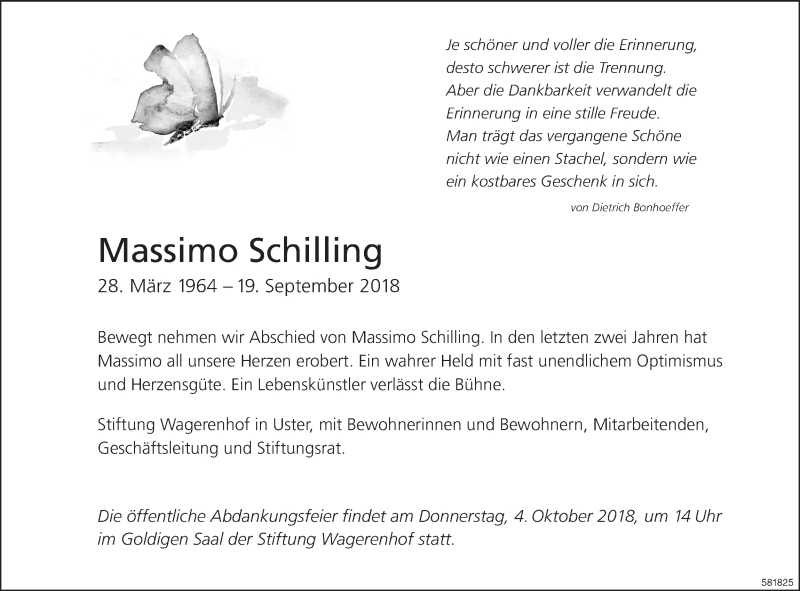  Traueranzeige für Massimo Schilling vom 27.09.2018 aus ZO Gesamt