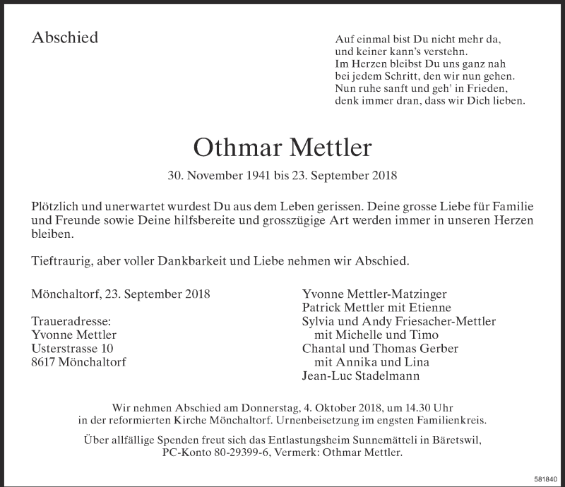  Traueranzeige für Othmar Mettler vom 29.09.2018 aus ZO Gesamt